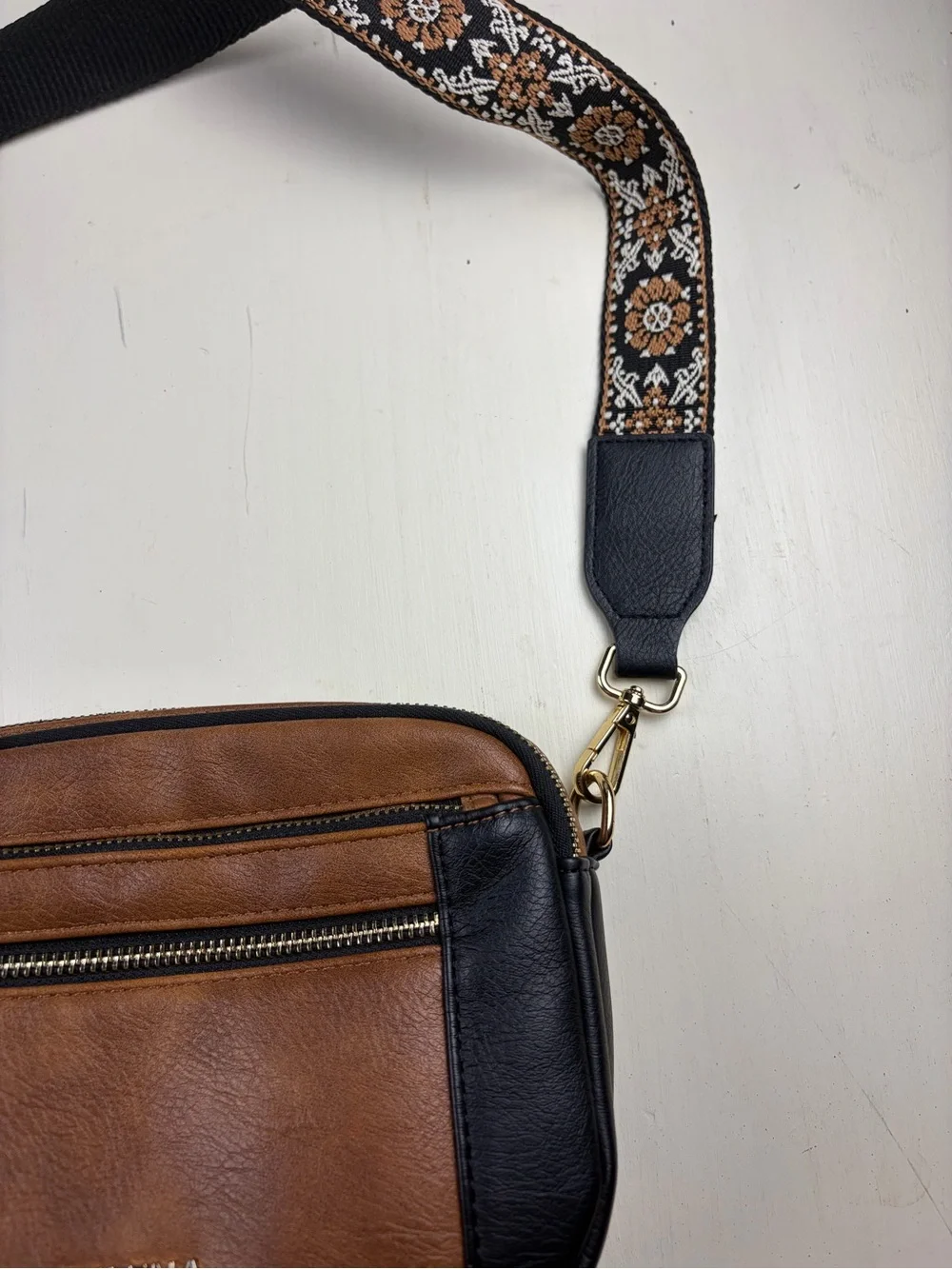 TELENA Two-Tone Brown & Black Crossbody with Patterned Strap